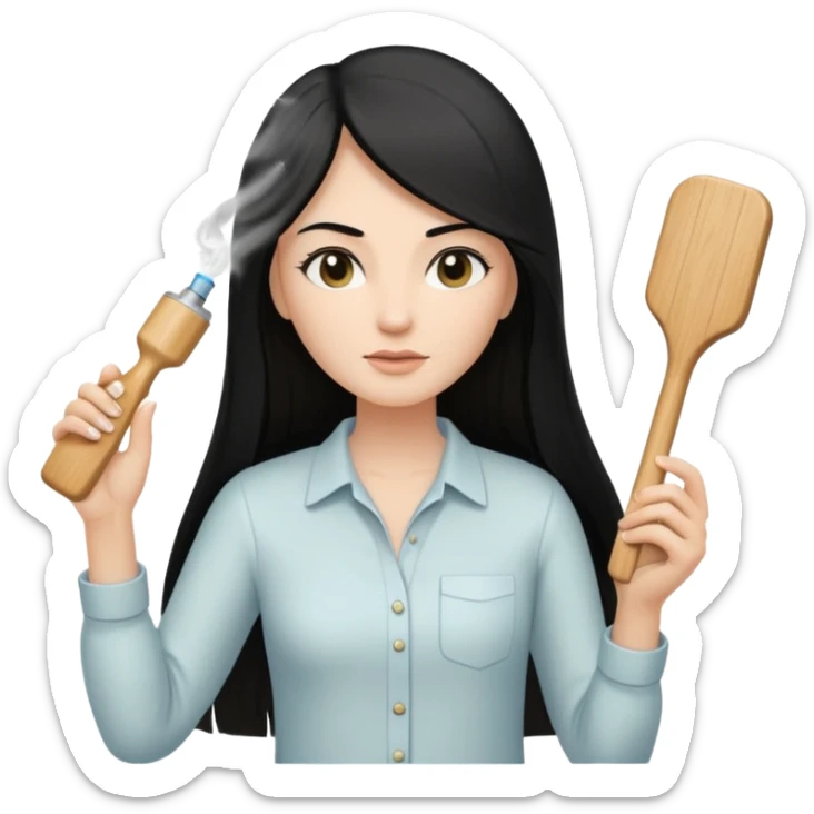 A white woman with long, straight black hair, wearing an ivory-colored shirt, holding a small square wooden paddle hairbrush in her left hand and spraying a hair mist bottle with her right hand toward her hair. sticker