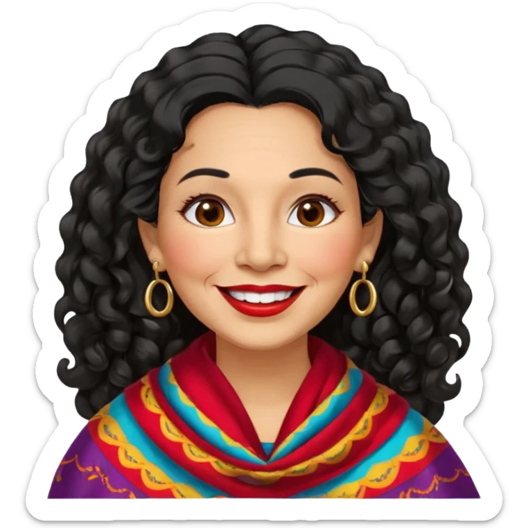 60 yr old peruvian woman, slightly chubby, wavy/curly long black hair, red lipstick, big smile, white teeth, brown eyes, hoop earings, side part to hair, round face sticker