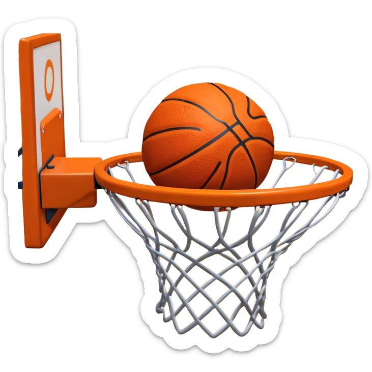 A close-up shot of a basketball entering the hoop, with the ball swishing through the net. The background features a blurred basketball court, emphasizing the perfect shot and the excitement of the game. sticker