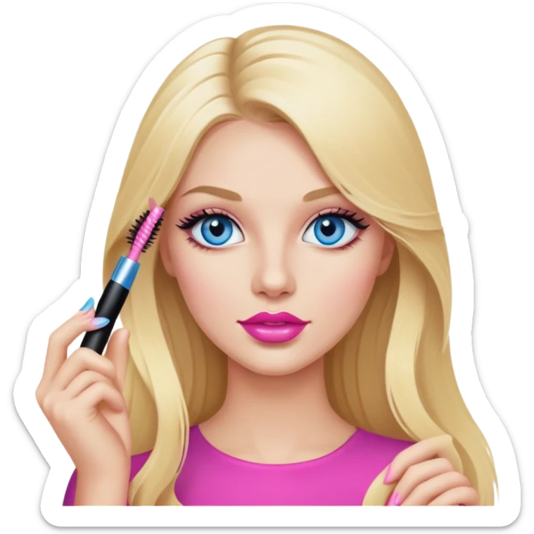 Blonde woman with long hair, blue eyes and pink lips holding mascara in her hands sticker