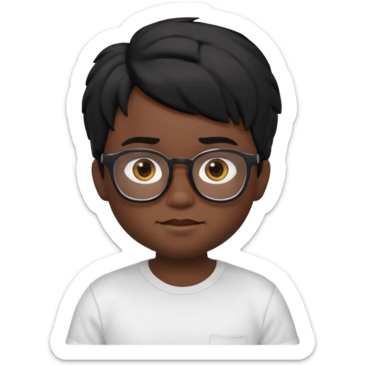 3D cartoon emoji portrait of a young character with black skin, messy black hair, big expressive brown eyes, wearing glasses and a white t-shirt, realistic shading, Pixar-style lighting, smooth texture, cute and slightly funny expression, high-quality render, white background, Apple Memoji style sticker