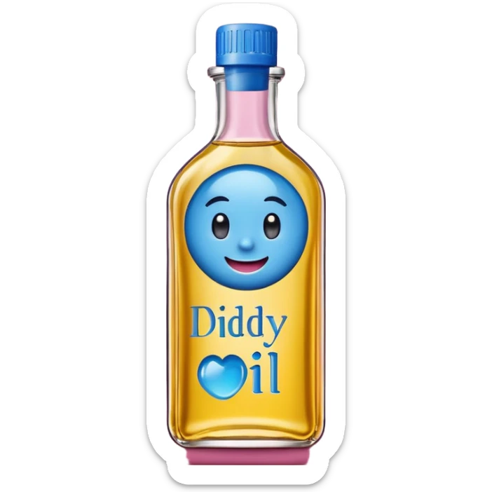 Smiling bottle of oil blue top pink outside with logo that says Diddy oil sticker