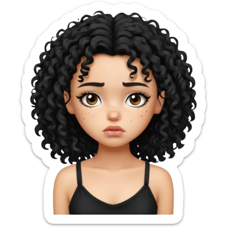 generate a pretty fair bratz girl with black messy curly hair looking sad . Wearing a black cami sticker