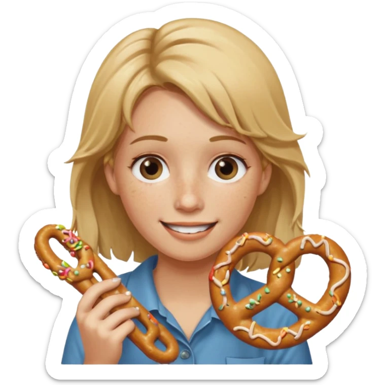 Short, center part, Dirty blond hair, fair skin with freckles,  holding pretzels and closing one eye sticker