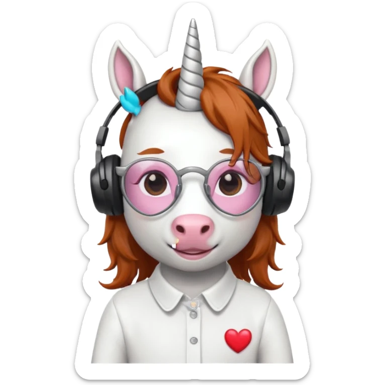 headphone wearing white unicorn with dark ginger hair and heart shaped spectacles very unicorn looking sticker