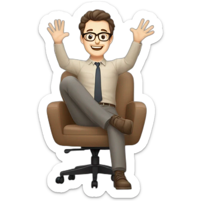 Joyful Celebrating victory Hands up Pale skinned Fit Man With dark brown hair in gray jacket, beige office shirt, Brown pants and vintage glasses sitting In a soft chair sticker