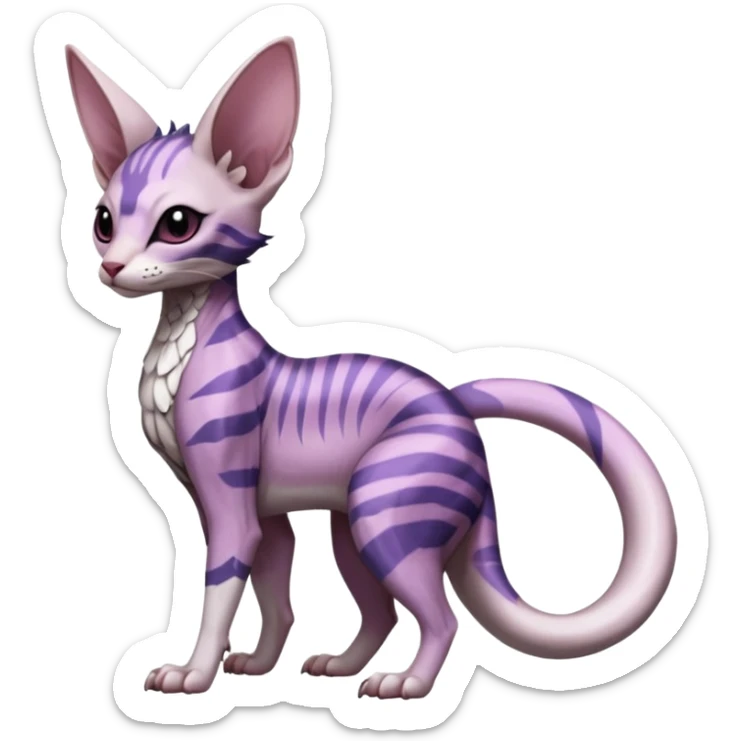 scaly, Purple, white, black, Minccino-Sphynx-Lykoi-Linoone-Zangoose-fusion-hybrid-animal-Fakémon-creature, full body, thin long sleek scaly tail, intricate markings sticker
