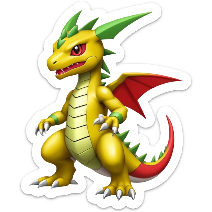 Cool edgy cute shiny futuristic Guilmon-Flygon-Tyranitar-Digimon-hybrid-fusion, yellow belly, full body sticker