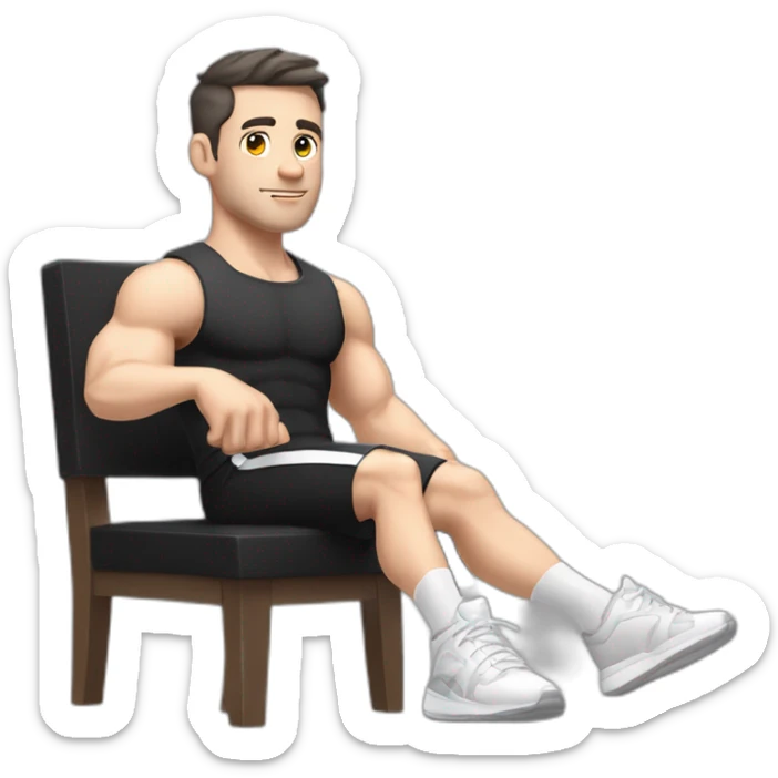 Pale skinned Fit Man With the biceps and dark brown hair in black shirt, gray sports shorts and white Sneakers Sitting on a chair sticker