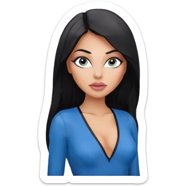 Glamours, tanned, beautiful, girl, with big pump peach-beige-rose lips, eyeliner, long lashes, black straight smooth silky long hair, straight parting hair, blue-grey eyes in black v-neck bodysuit sticker