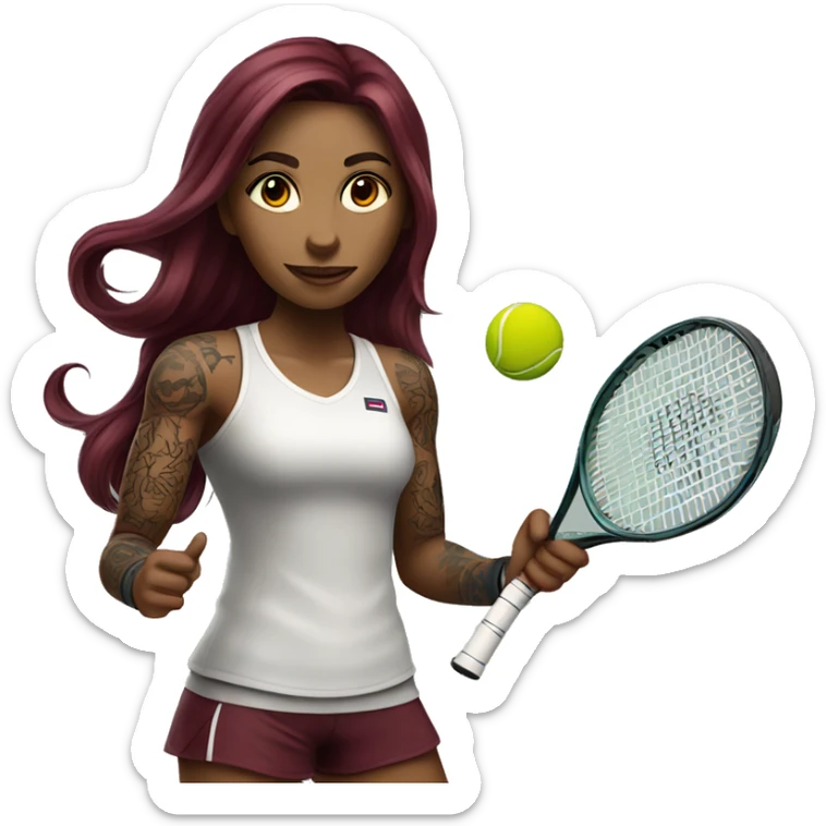 Beautiful tattooed  burgundy long haired woman playing tennis sticker