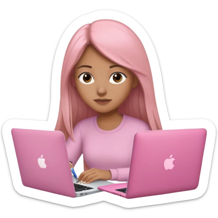 Mujer lacia peli larga y peli larga  en una MacBook rosa investigando y haciendo tareas con un libro de apuntes y con cara muy linda como modelo sticker