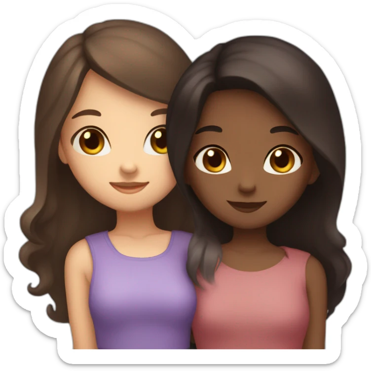one girl long dark hair and clear skin and one girl long brown hair and darker skin hugging sticker