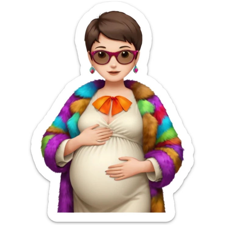 pregnant stylish woman with short pixie brunette hair happily touching her big belly while wearing white dress and fancy brown fur coat and colorful shades sticker