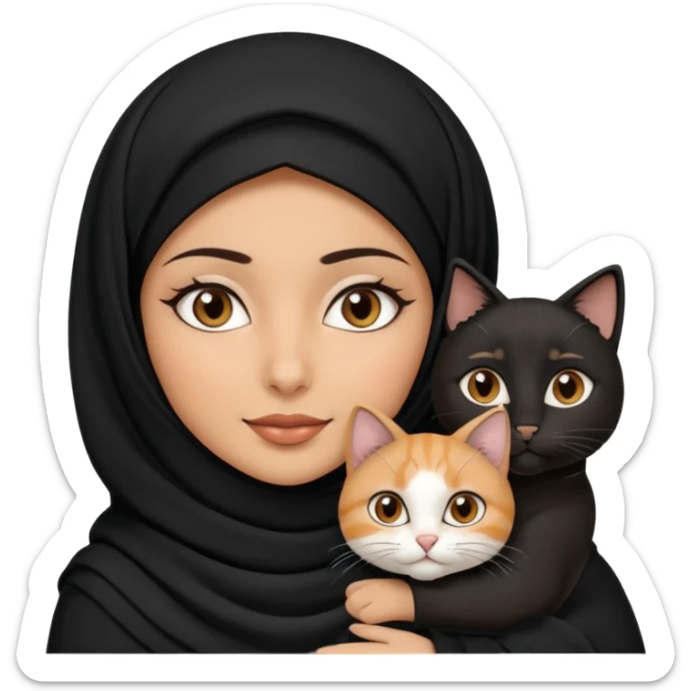 A Arabic woman human with brown eyes and black hijab. , the human is a human no cat ears, two cats, the both cats have the colour black and white in the same colour, not orange cat,  NO CAT EARS ON THE HUMAN ,  sticker