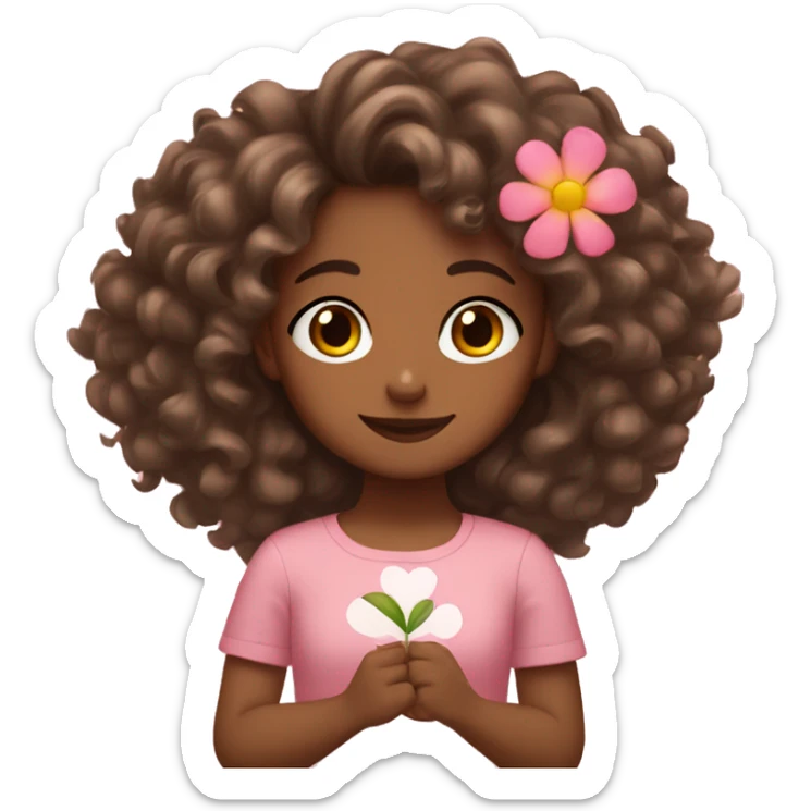 Girl with brown skin curly hair doing a heart with her hands and a flower on her hair sticker