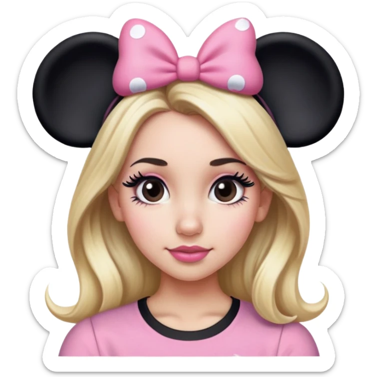 Woman with long blonde hair, brown eyes, brown eyebrows, blush cheeks with pink and black Minnie mouse ears with pink and black Minnie mouse shirt with long black eyelashes sticker