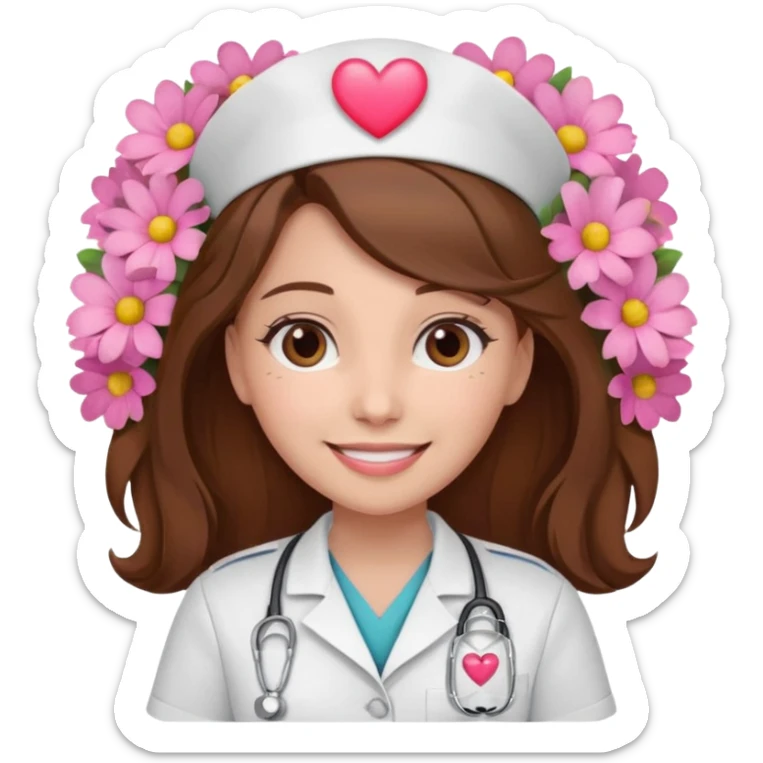 Brown hair Nurse with pink heart and flowers surround her head sticker