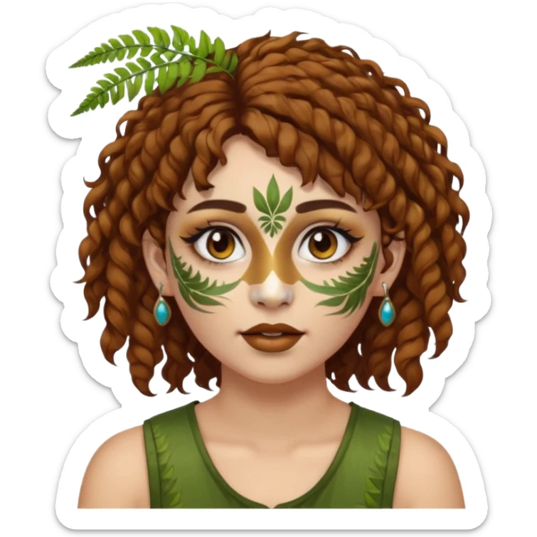 portrait woman short curly brown mullet hair brown eyes white skin with fern face paint and nose ring sticker