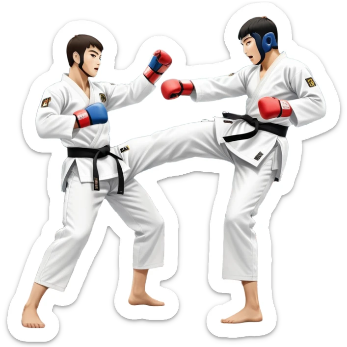 Two taekwondo fighters in traditional white doboks with black belts. One delivers a powerful kick, while the other defends by blocking with his knee. The background shows a professional arena with bright lights and an excited crowd. Transparent background highlights the intense action sticker