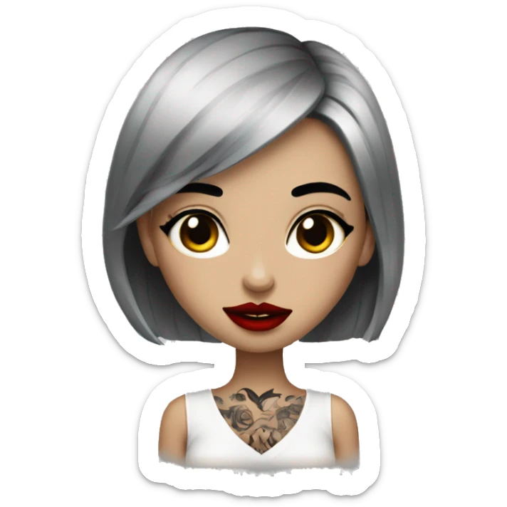 Pale black haired girl with black tattoos on body wearing red lipstick  sticker