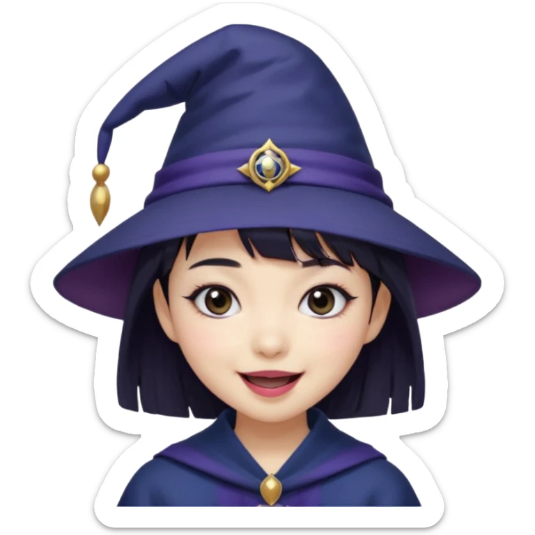 An Asian short-haired girl with short raven hair and bangs, with heterochromia eyed, eyeliner, and laughs with a tiny fang of mauve-toned lipstick, wears a dark navy wizard hat with an emblem on it. sticker