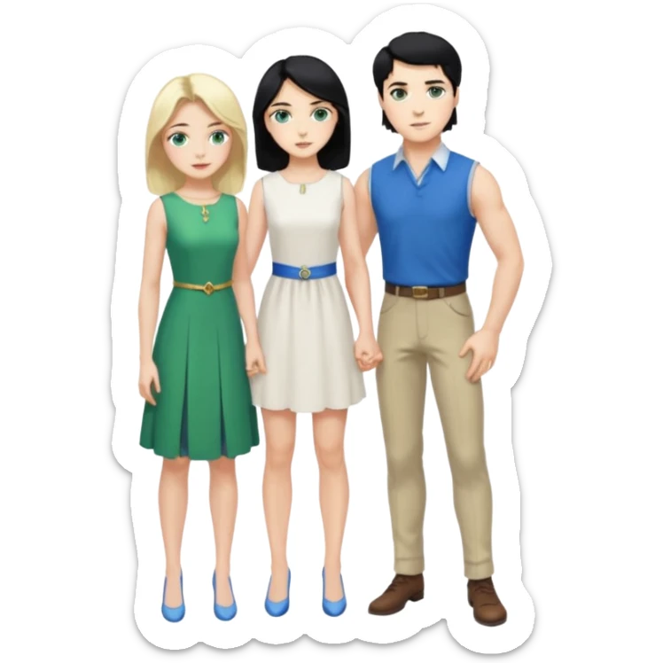 prince, standing upright, black Hair, blue eyes, garment, and woman, bending knee, sleveless white dress, blonde hair, green eyes, sticker