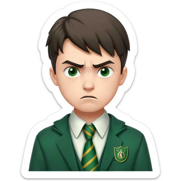 Upset angry teenage boy with scowling face wearing green Slytherin Hogwarts uniform and tie sticker