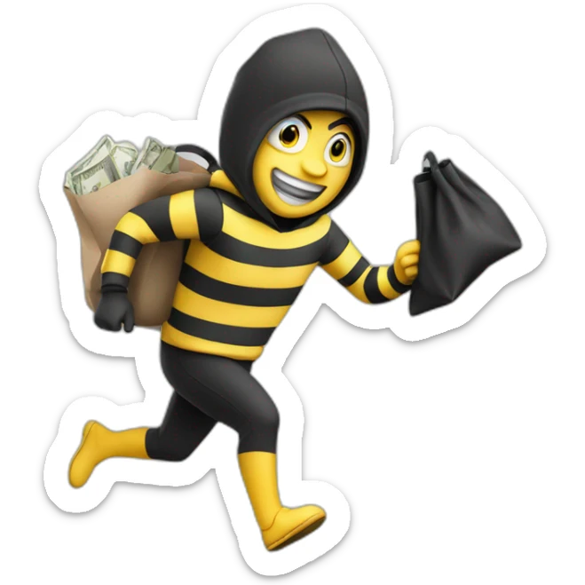 yellow thief running with bag of money, black and white striped clothes sticker