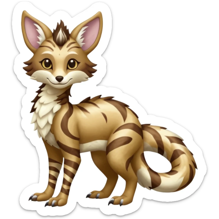 Feral Rare Fantasy   caramel-brown and vanilla-cream swirled dessert-like plush fur  Vernid-Sergal-Genet-Trico-species by LiLaiRa, random markings, tufted tail, tufted ears, full body sticker
