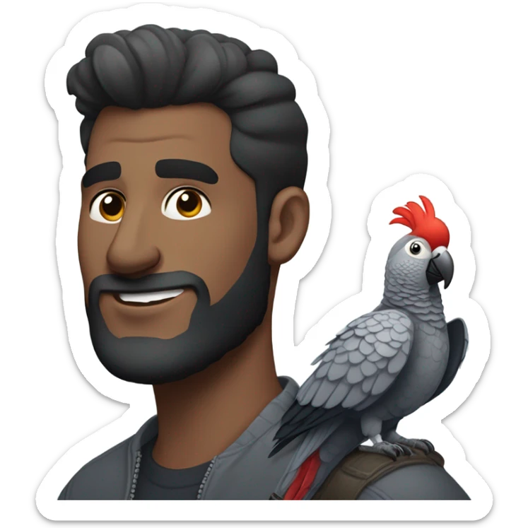 Man with dark brown pompadour hair and dark brown short beard riding on top of a giant african grey bird sticker