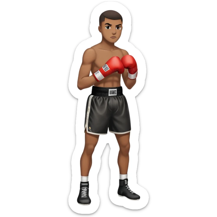 19-year-old lightweight Black male boxer in boxing stance, full body view, lean athletic build, boxing gloves, boxing shorts sticker