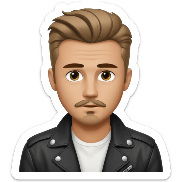 guy with slick James dean hair with front tendrils, mustache and goatee facial hair, wearing a white shirt and a black leather jacket , several silver piercings in ear sticker