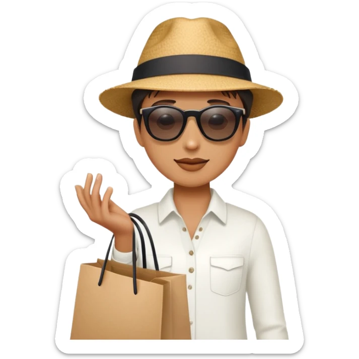 mystery shopper wearing sunglasses and a hat, holding a shopping bag sticker