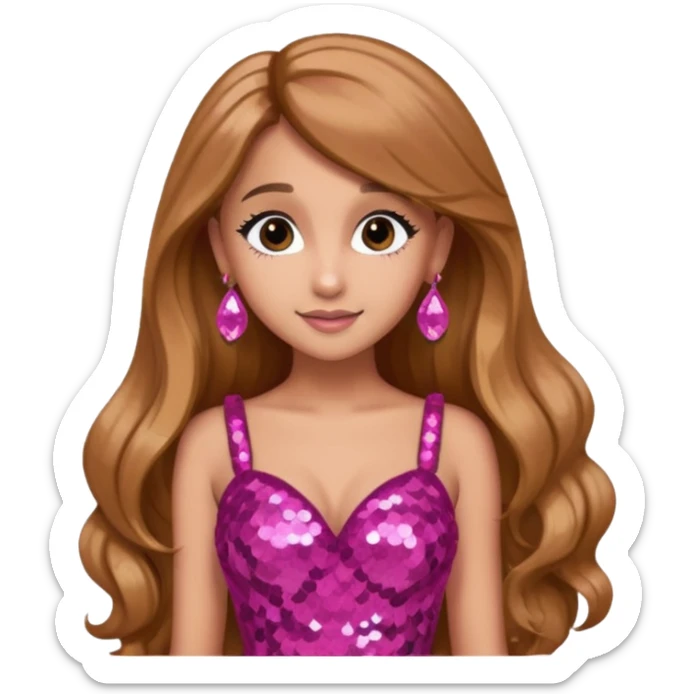 Ariana Grande with long golden brown hair, dark pink sequin dress, pink earrings sticker
