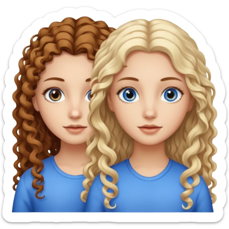 Twin sisters, one has brown eyes, long curly brown hair, the other one has blue eyes and straight blond hair sticker
