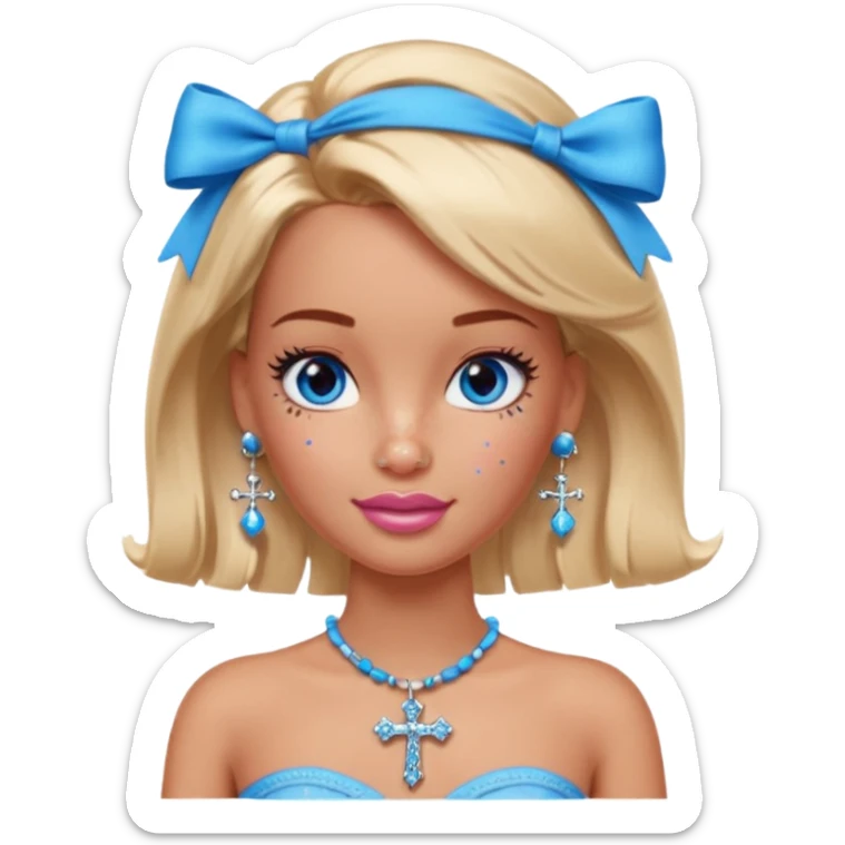 Barbie emoji with earrings and nose piercings and a cross necklace and blue eyes with bow in hair and tube top and long lashes with freckles  sticker