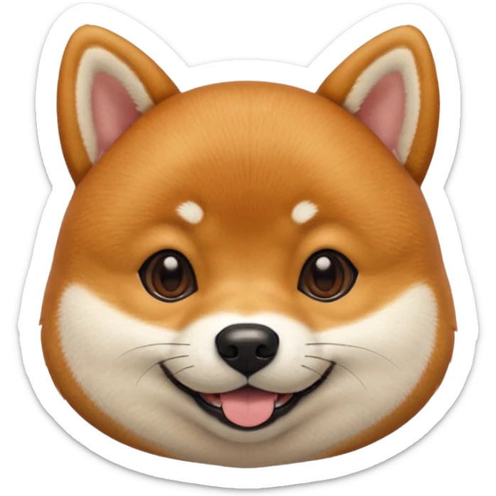 Head of a Shiba Inu dog, in orange-brown fur with white muzzle and cheeks, round face, big black eyes, perky ears, grinning with closed mouth, no tongue, front-facing, glossy texture, soft shadows
 sticker