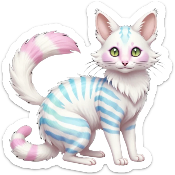  cute adorable white albino fur with random colorful iridescent markings beautiful elegant pretty precious cute  Fakémon-Pokémon-alien-opossum-feline-serval-caracal-chinchilla-Minccino-hybrid-creature with a big fluffy bushy striped tail (full body) sticker