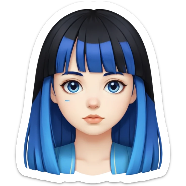 Pale girl with all black hair and bangs, but two strips of blue hair on the side sticker