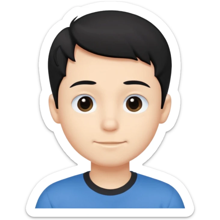 Cute cartoon-style boy portrait, black hair, blue t-shirt, big black eyes, closed mouth,clean bold lines, flat colors, minimal shading sticker