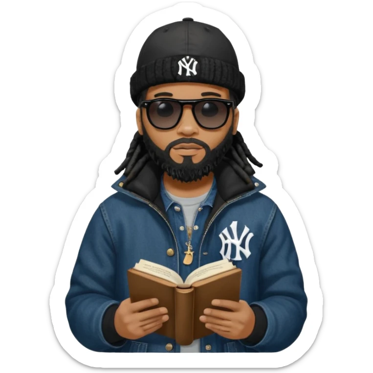 African American man with shoulder length black dreadlocks with black beard wearing black sunglasses wearing a black bubble winter coat wearing a black New York Yankees logo baseball cap wearing denim skinny jeans and Timberland boots reading a Bible sticker