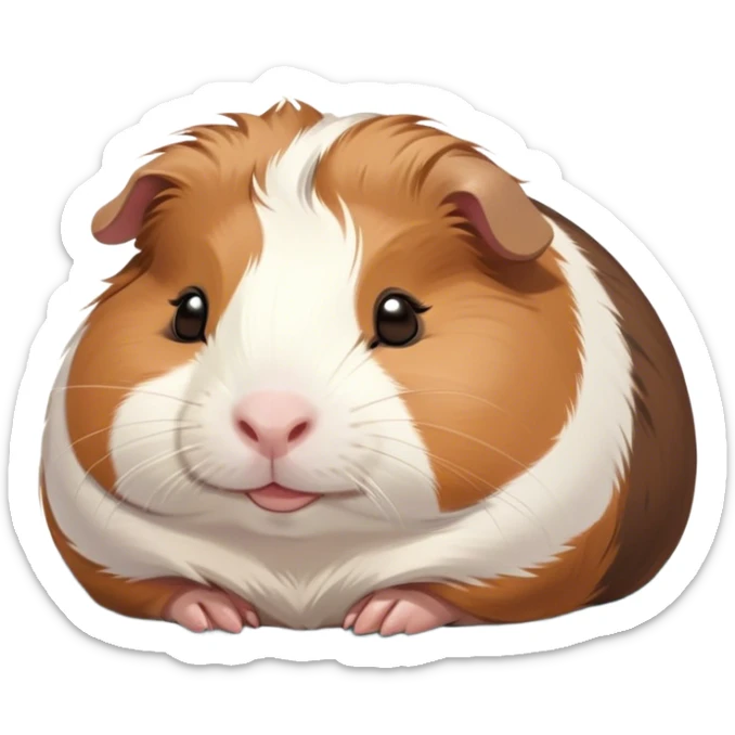 Meme-Worthy Cute Sleeping Brown and White Banded Guinea Pig Portrait Emoji, Head resting peacefully with a contented smile, showcasing a delightfully chubby build and a luxuriously soft banded fur of brown and white, eyes shut in a serene, cozy nap, Simplified yet hilariously adorable features, highly detailed, glowing with a soft, drowsy light, high shine, relaxed and utterly lovable, stylized with an air of playful laziness, bright and heartwarming, soft glowing outline, capturing the essence of a comically sleepy guinea pig, so meme-worthy it feels like it could instantly become the next viral sensation of adorable slumber! sticker