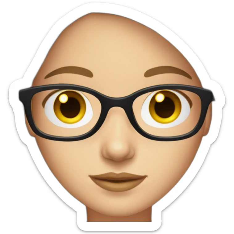 young white woman with brown straight hair and blue eyes wearing glasses with black frame sticker