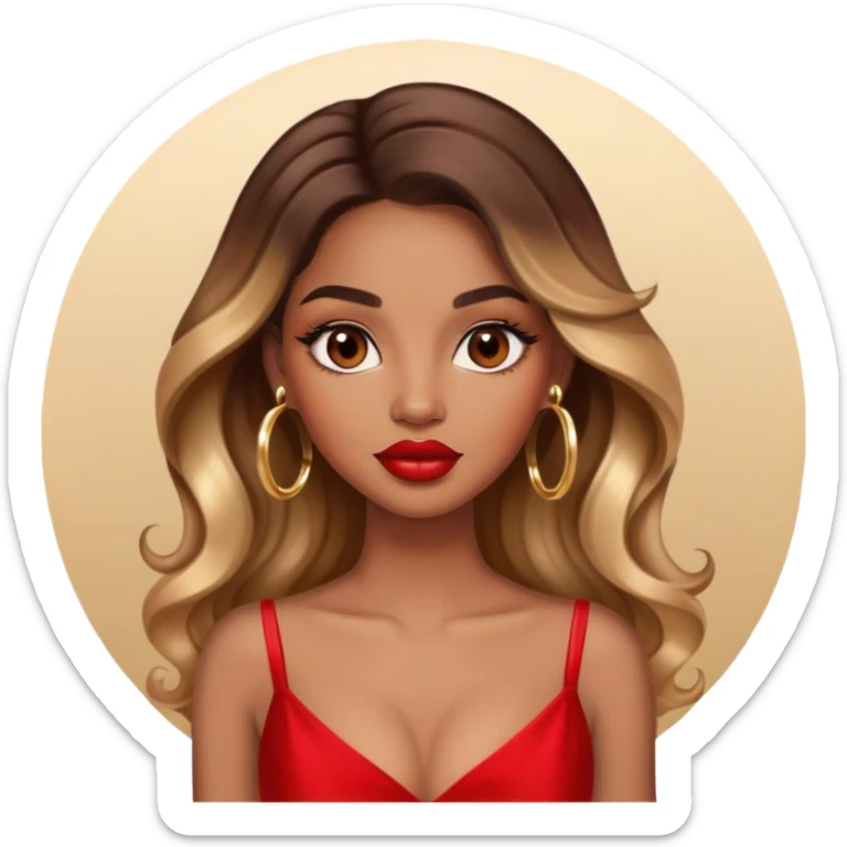 light brown skin tone, very beautiful woman, with big plump lips, long long lashes, ombre wavy long hair, brown eyes, red dress, gold hoop earrings sticker