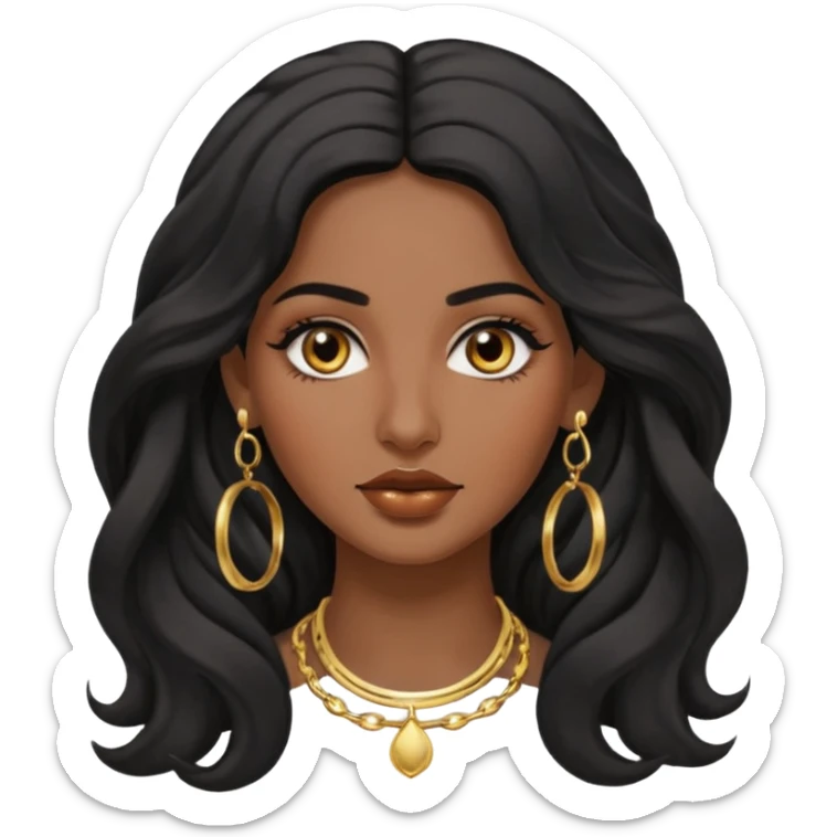 Attractive middle eastern woman with a wide face, baddie look, dark skin, Long wavy black hair and gold hoop earrings sticker