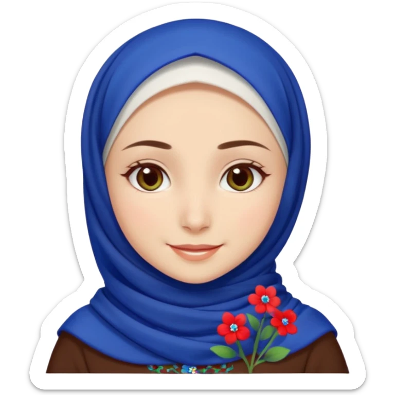 Turkish beautiful finish Konya girl brown eyes white skin with red blue indigo green mini flowers hijab and brown islamic dress and smiles sticker