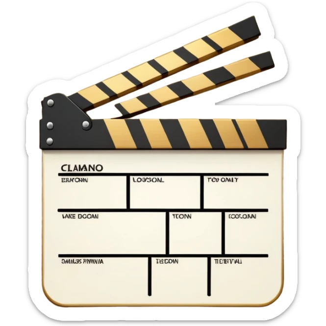 minimalist movie clapboard with gold top and white bottom, diagonal line across the front sticker