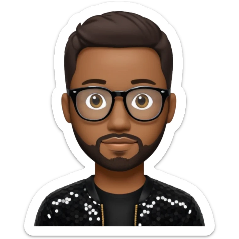 Nathan Morris (b.1971) from Boyz II Men with dark brown hair and short beard, black sequin outfit, glasses sticker