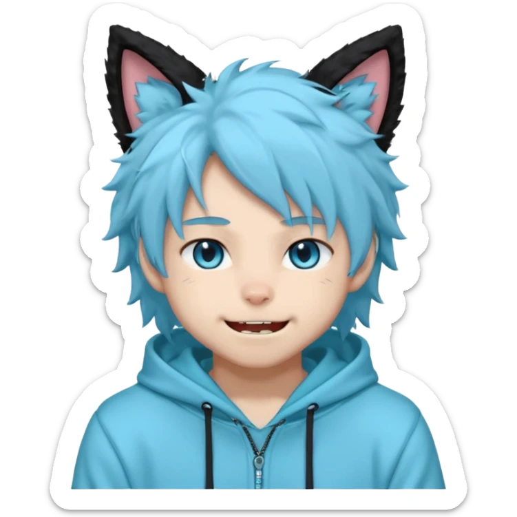 A fluffy anime-style male character with black fur, cat ears, a long fluffy tail, and sharp blue eyes. He wears a light cyan hoodie that says 'Imagine and go with the flow' and matching sweatpants. He has sharp fangs that show when he smiles, giving him a playful but mysterious vibe. sticker